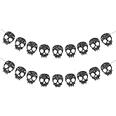 Vofrise 2PC Black Skull Garland for Halloween Party Decorations Glitter Skull Banner for Gothic Birthday Decorations Supplies