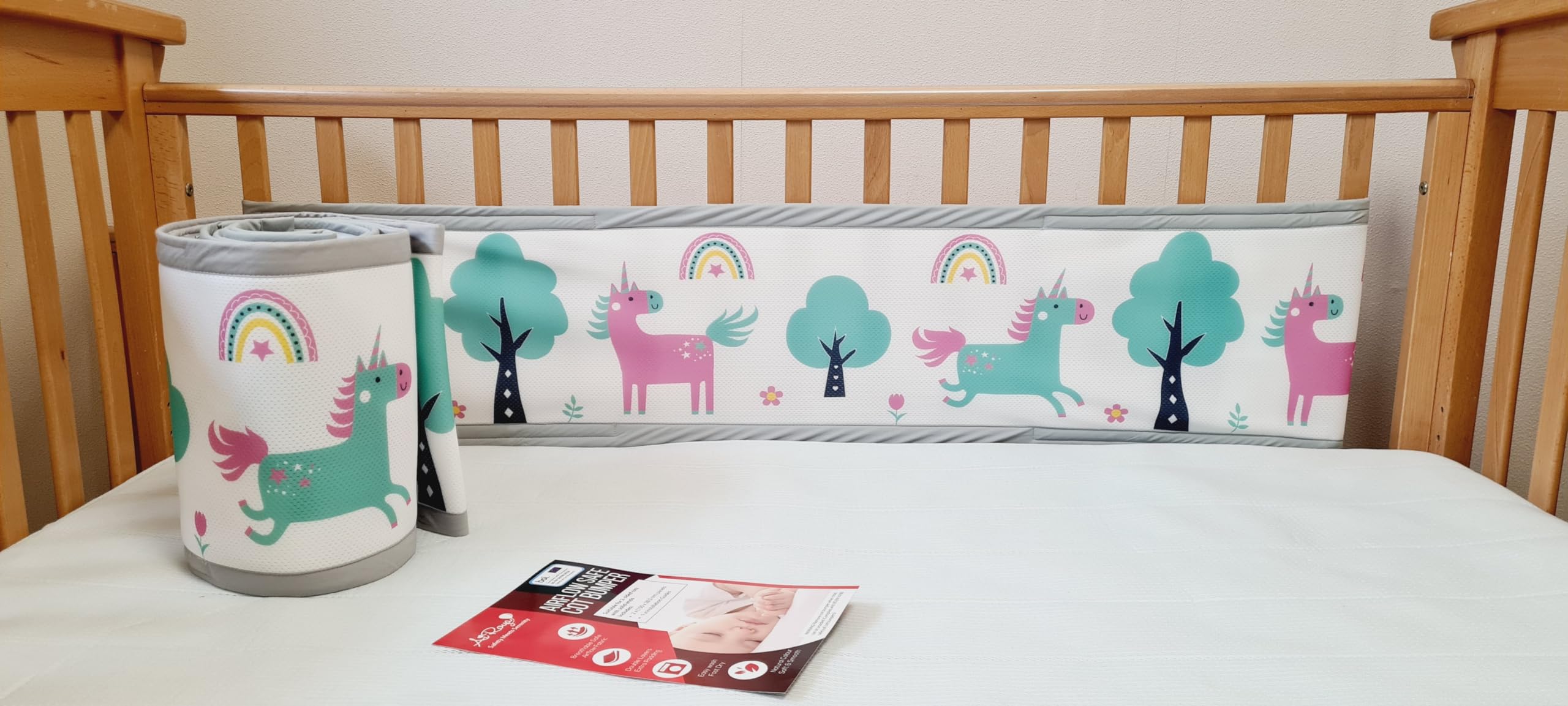 AiRoya Breathable Mesh Cot Bumper for 2-Sided Cot and Cotbed with Solid Ends, BS EN 16780 Safety Compliance (Unicorn Print)