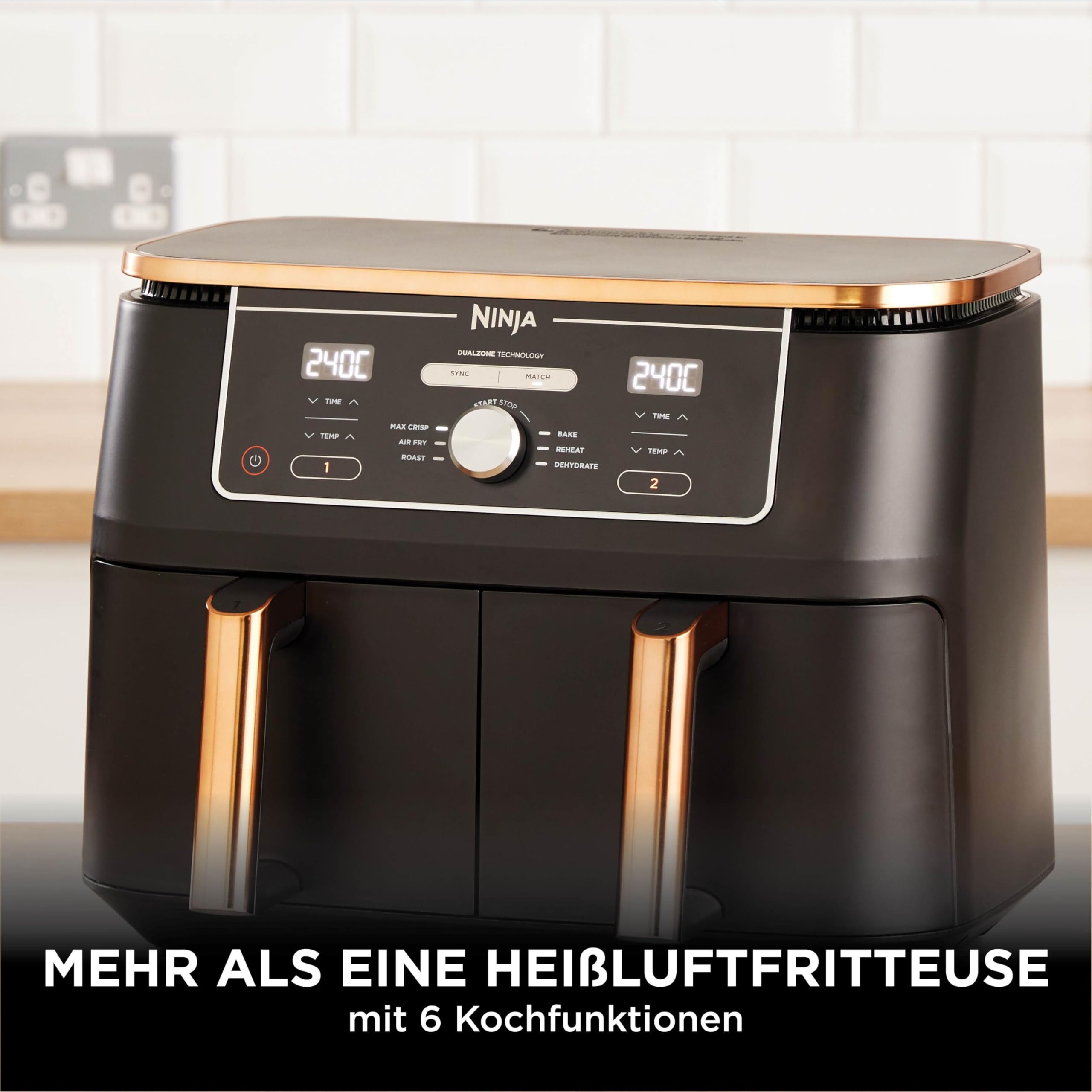 Ninja Foodi MAX Dual Zone Heißluftfritteuse, 9,5L Airfryer, 2 Fächer, mit Zange, Antihaftbeschichtung, spülmaschinenfeste Körbe, 6-in-1, Amazon Exklusiv, Kupfer/Schwarz, AF400EUCP 8