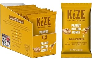 KiZE Energy Bars - Peanut Butter Honey - Gluten Free, Dairy Free, Non-GMO, and High Protein Meal Replacement Energy Bars, Clean and Simple Food Ingredients - 7g High Protein Snacks, (10 Count)
