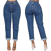SheKiss Boyfriend Stretchy Jeans for Women - Distressed Frayed High Waisted Trendy Denim Blue Jeans