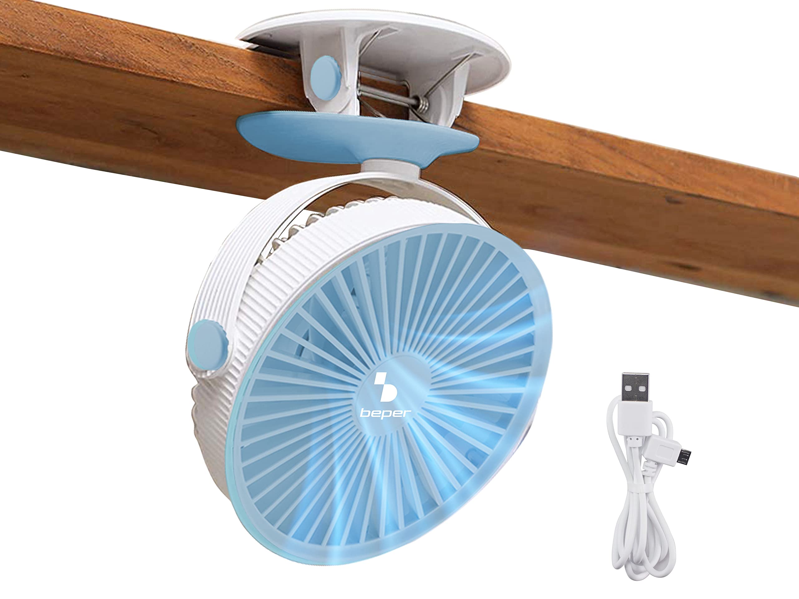 BEPER P206VEN420 - Mini Fan with Clip, Portable, USB and Rechargeable, 3 Speeds, Tilting, LED Light, Space Saving, Quiet, Mini Clip Fan