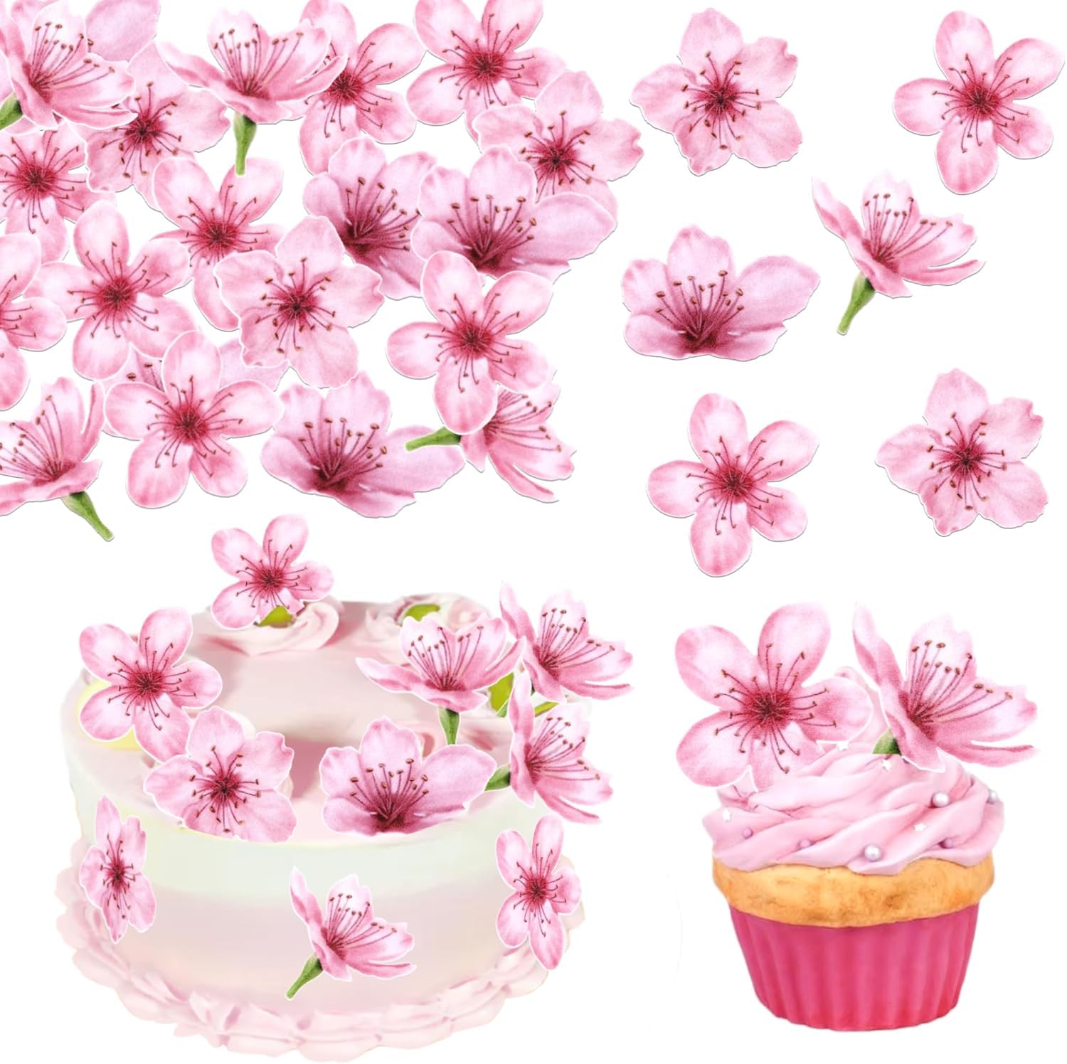 SYKYCTCY 40 Pack Edible Flowers Cake Decorations Pink Edible Cherry Blossoms Flowers Cupcake Toppers Wafer Paper Flowers Cupcake Picks for Baby Shower Kids Birthday Party Food Decorations Supplies