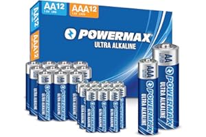 Powermax Alkaline Batteries 24-Count Combo Pack, (12 Double AA, 12 Triple AAA), Ultra Long Lasting Battery for Home and Office, 10-Year Shelf Life, Reclosable Packaging