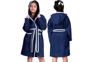 ALLEN & MATE 100% COTTON Kids Bathrobe with Piping – Safety Certified, Medium Lightweight, Quick Absorbent for Boys & Girls