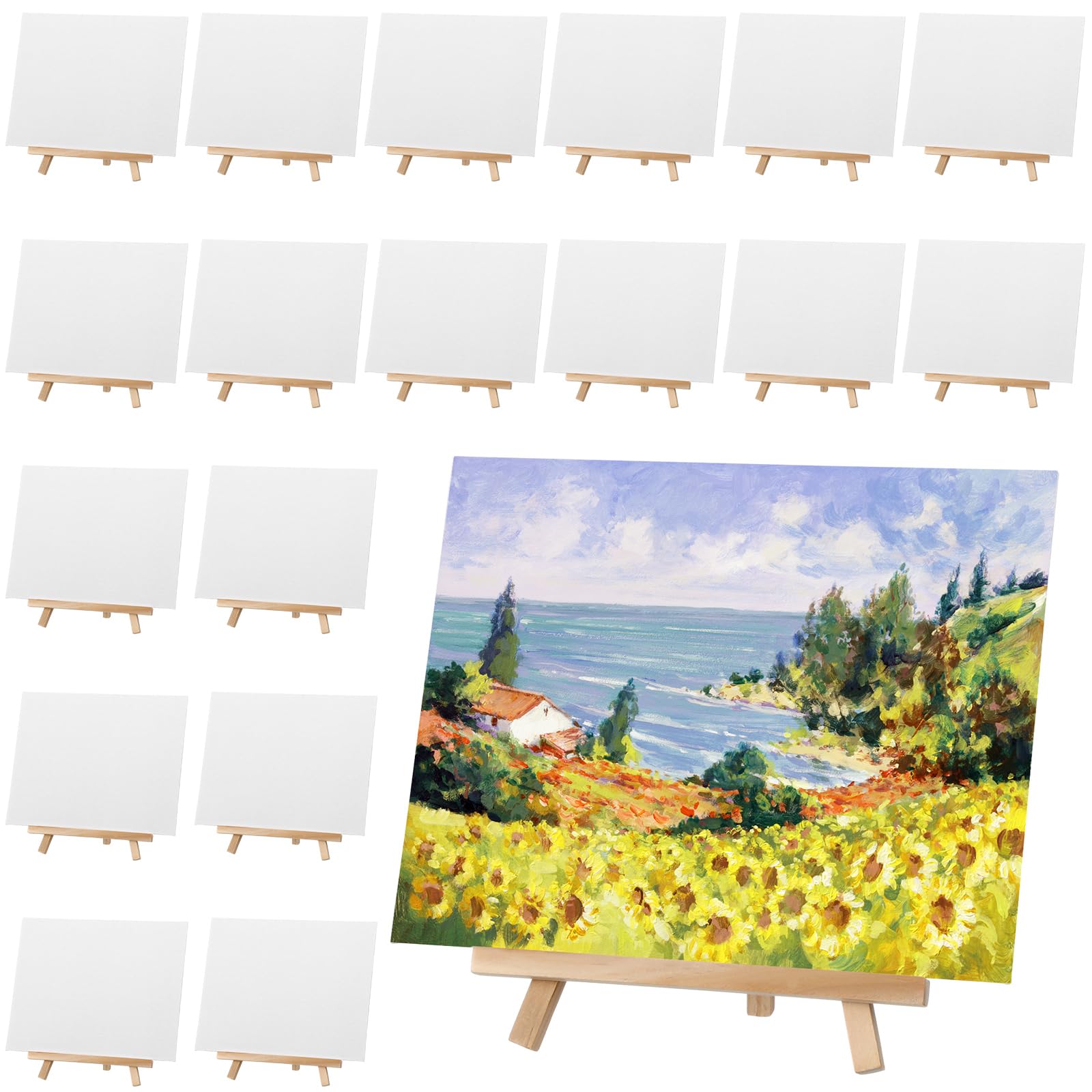 Photo 1 of MotiMind 36 Pcs Mini Canvas and Easel Set for Painting, 8 x 10 Inch Canvas Panels with 9 Inch Wooden Easels for Oil Acrylic Painting Birthday Party Favors Back to School Class Gift for Student
