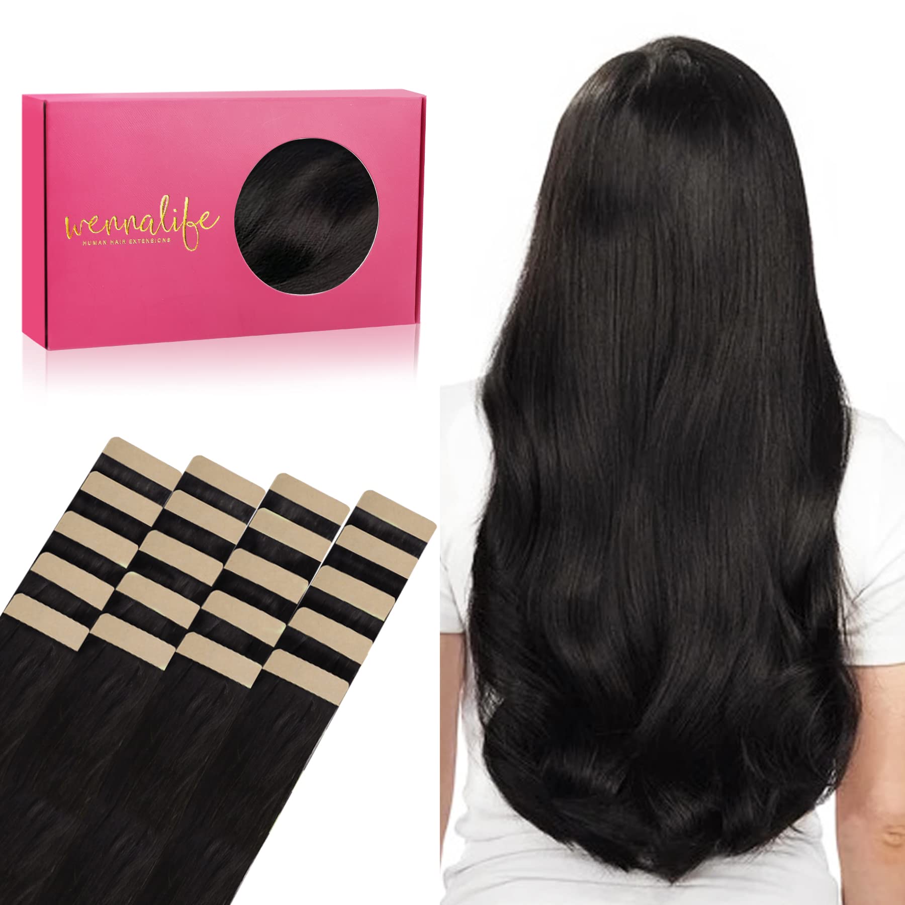 WENNALIFE Tape in Hair Extensions 20pcs 50g 24 Inch Natural Black Remy Hair Extensions