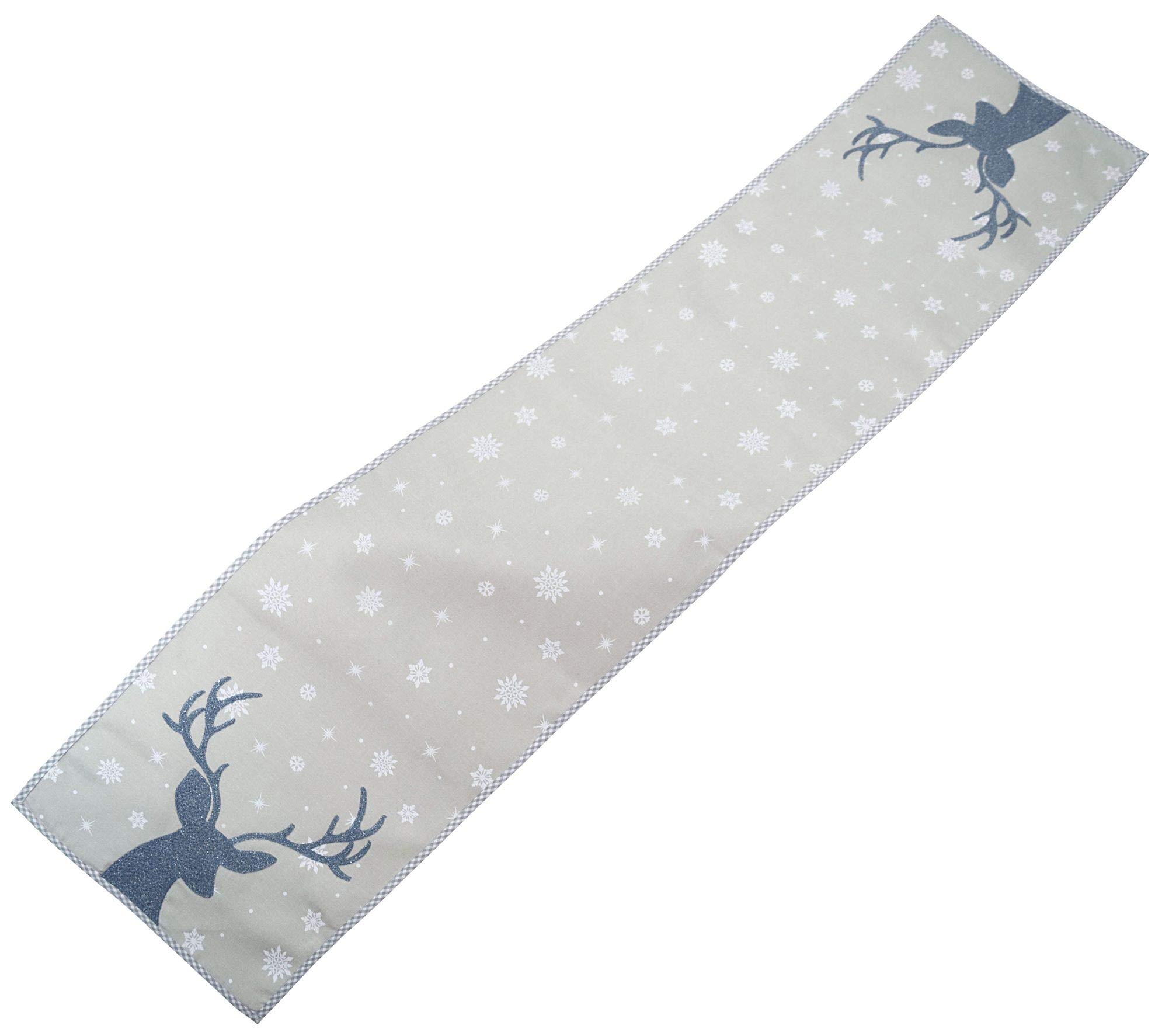 Raebel Table Runner - Long 40 x 175 cm, Light Grey / White / Ice Blue Print and Embroidery Deer Christmas Table Decoration