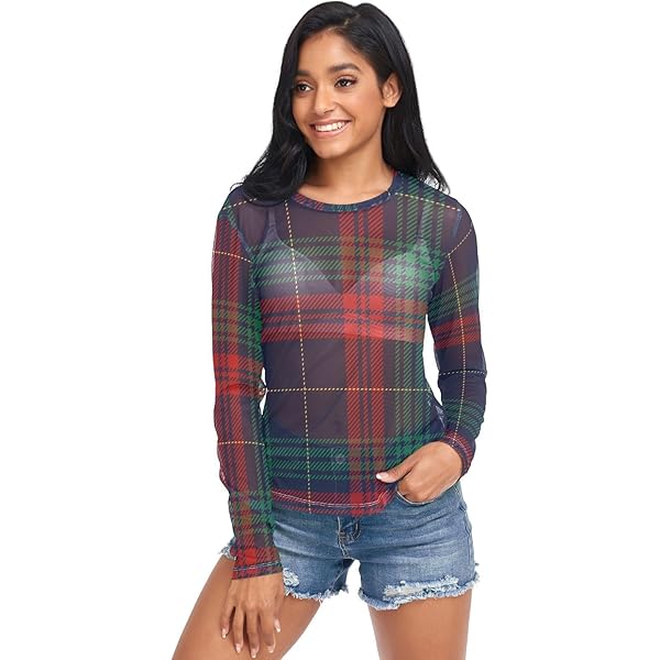 Aflyko Women Summer Top Tartan Plaid Classic Red Sheer T Shirt