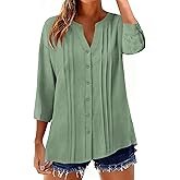 Micoson Womens 3/4 Sleeve Tops Cotton Linen Button Down Shirts V Neck Pleated Casual Loose Blouses Roll Up Sleeve Shirt