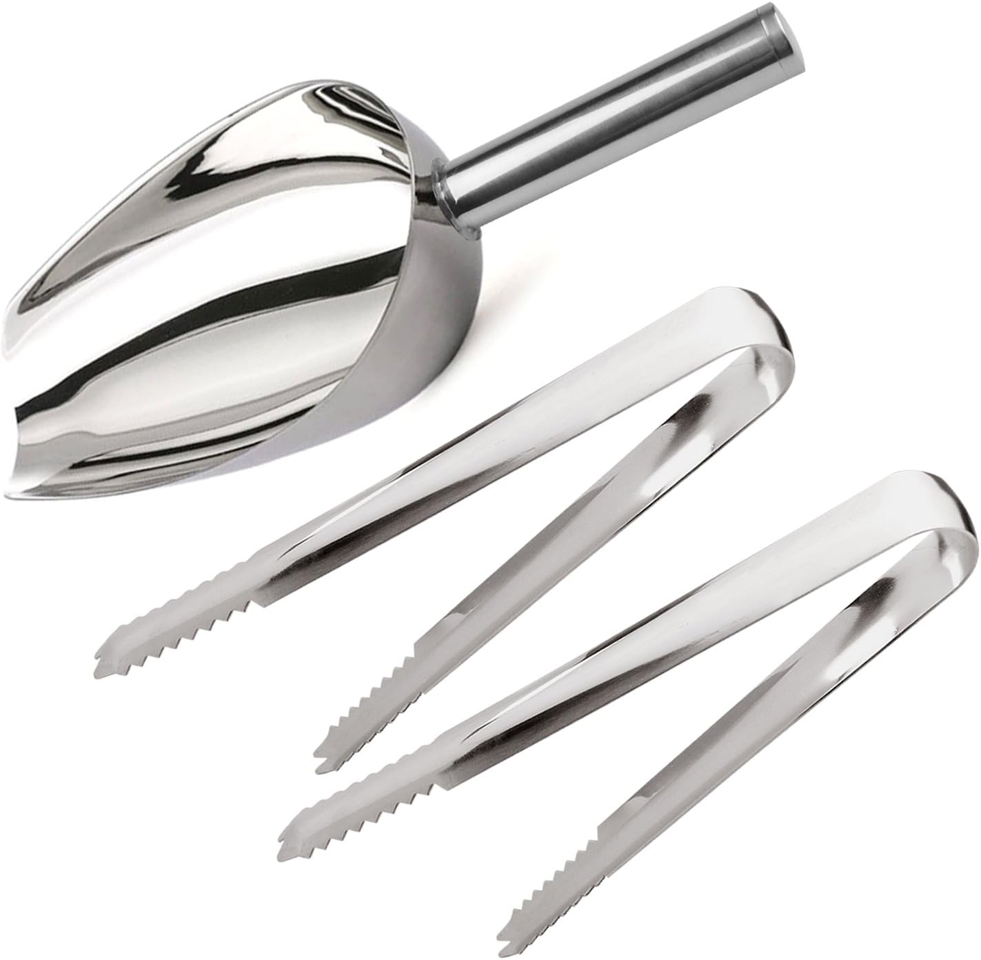LINPOZONE Ice Scoop and Ice Tongs (3 Pack), Stainless Steel Serving Tongs and Food Scoop for Ice Bucket, Bar, Kitchen, Tea Party and Wedding