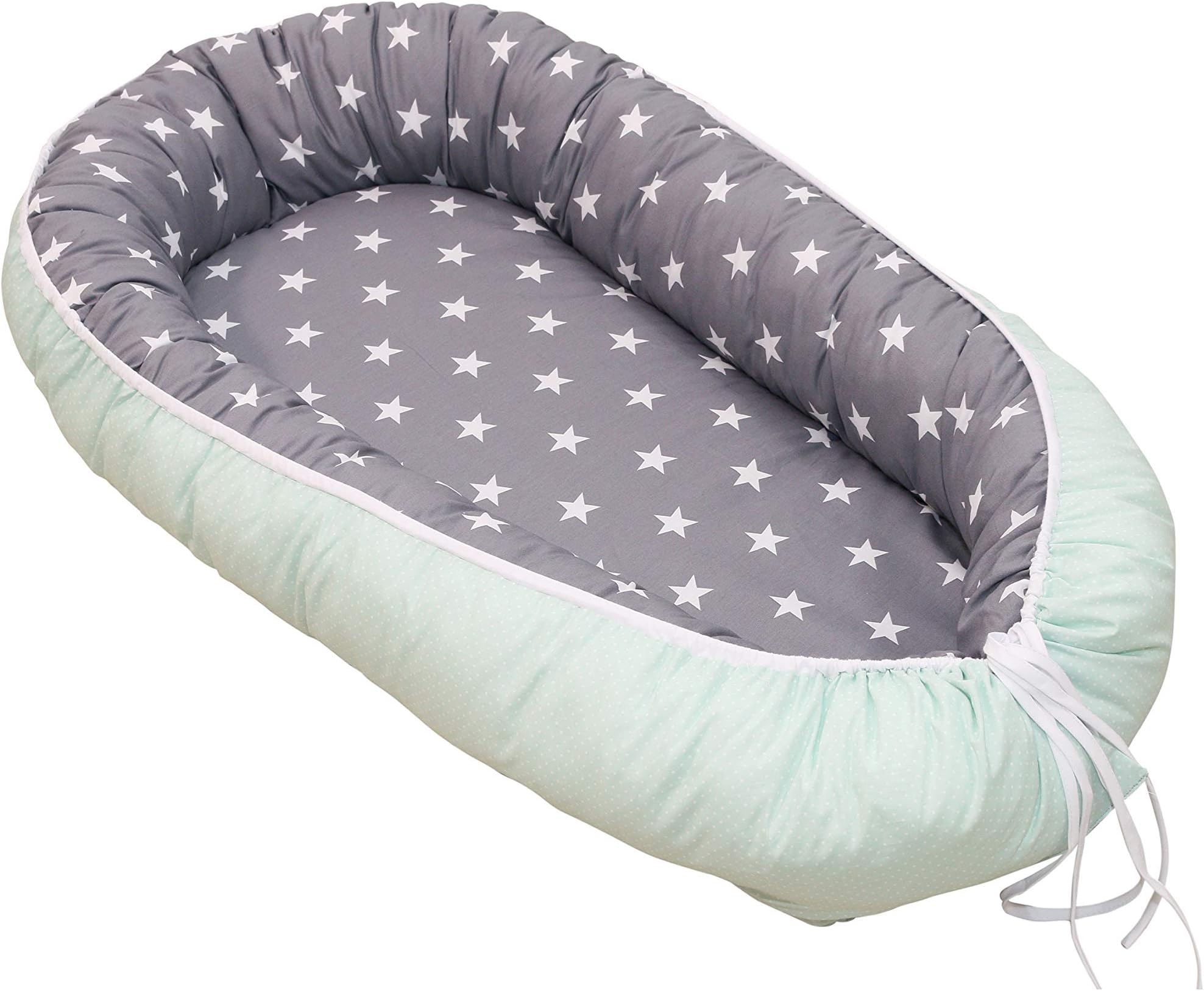 Soft Cotton Baby Lounger by ULLENBOOM | Stars/Polka Dots | Newborn Snuggle Nest | 22” x 37” - Unisex Mint/Grey