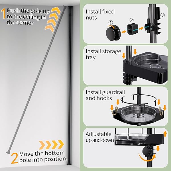 SHUANG QING 360° ROTATING CORNER SHOWER CADDY TENSION POLE ORGANIZER – 4-TIER ADJUSTABLE RUSTPROOF METAL POLE, PLASTIC SHELVES WITH SAFETY GUARDRAIL, BATHROOM STORAGE FOR SHOWER & BATHTUB(BLACK)