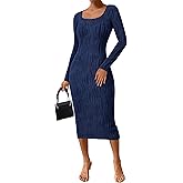 PRETTYGARDEN Womens Spring Dresses 2026 Long Sleeve Square Neck Knit Midi Beach Vacation Clothes Slit Bodycon Long Dress