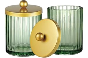 Amolliar Sage Green Glass Qtip Holder Dispenser, Bathroom Canister Apothecary Jar for Cotton Swabs, Cotton Balls, Round Pads, Floss Picks, Countertop Storage Organizer Container for Vanity,Gold 2 Pack
