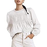 Lentta Women's Lace-Detail Flared Blouse Long Sleeve Crew Neck Poplin Mesh Swing Babydoll Tops Elegant Loose Shirts