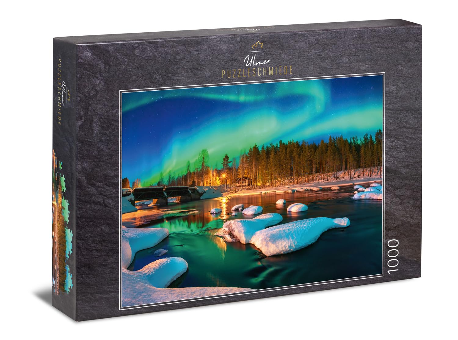 Ulmer Puzzleschmiede - Puzzle "Lonely Lights" - Classic 1000 Piece Puzzle - Winter Scandinavian Landscape at Night - Polar Lights over lonely hut at the edge of the Arctic