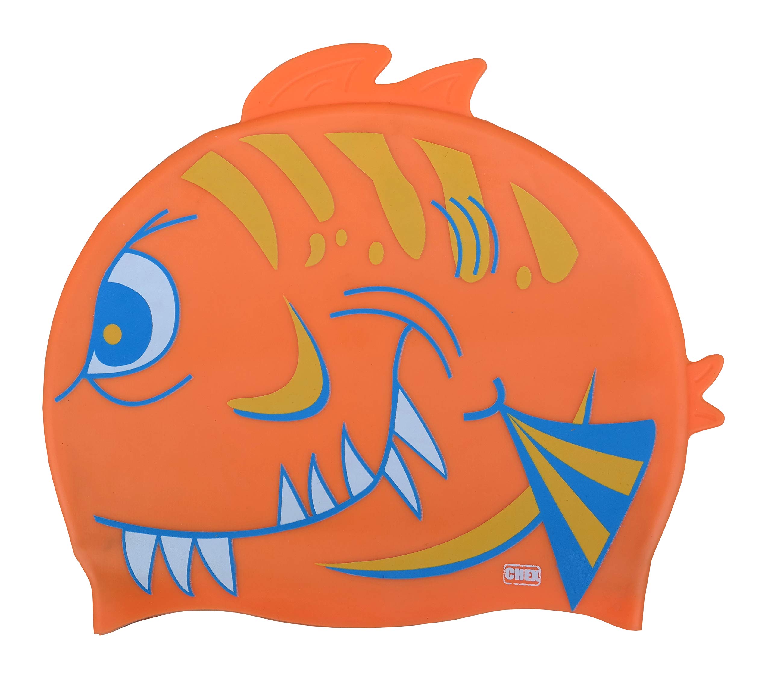 CHEX Stretchy Silicone Unisex Girls Boys 3-7 Years One Piece Swimming Hat Swim Cap Angry Fish Teeth Double Fin Print Design One Size Pull On Swim Hat (Orange)