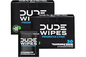 DUDE Wipes Flushable Wet Wipes (2 Packs, 30 Wipes Each) Individually Wrapped for Travel, Unscented Wet Wipes with Vitamin-E &
