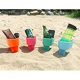 Home Queen Beach Cup Holder with Pocket, Multifunctional Sand Cup Holder for Beverage Phone Sunglass Key, Beach Accessory Drink Sand Coaster, Set of 4 (Teal, Orange, Blue and Pink)