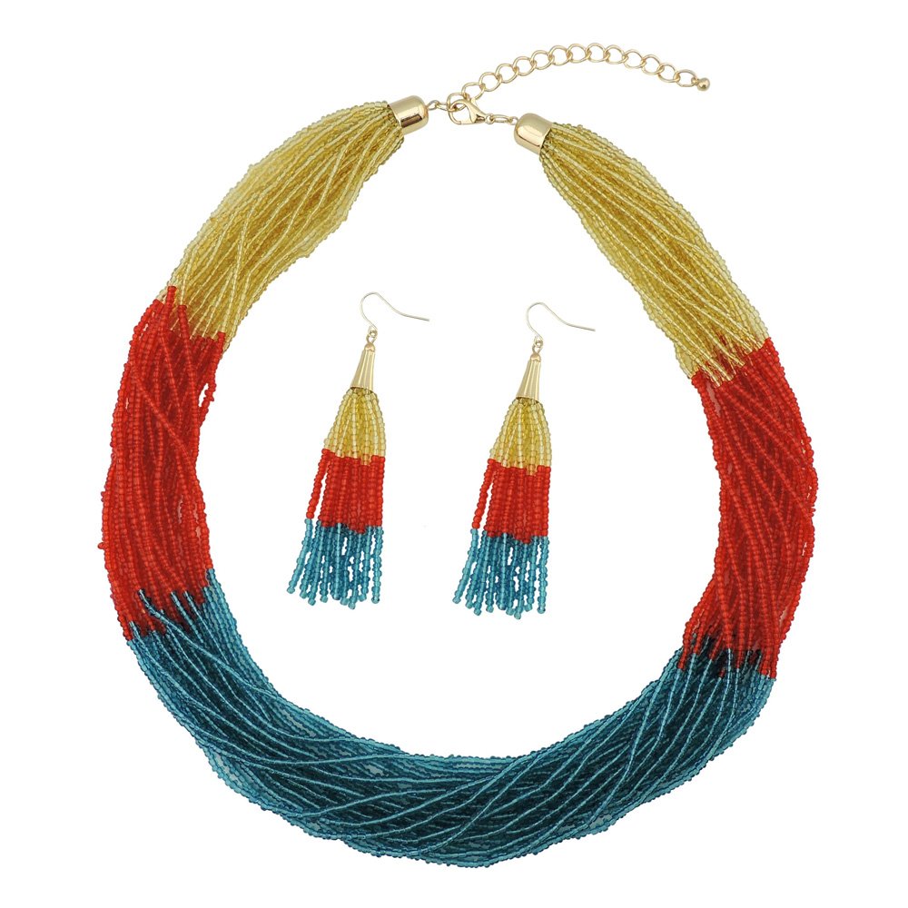 Bocar Multi Layer Beaded Statement Necklace Set Strand Necklace and earrings for Women Gift (NK-10459-Yellow+red Orange+Blue)