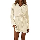 LYANER Women's Collar V Neck Button Down Pleated Long Sleeve Mini Shirt Dress with Belt