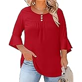 Rapbin Plus Size Tops for Women 3/4 Ruffle Sleeve Crew Neck Button Down Pleated Blouses Casual Fashion Tunic (1X-5X)