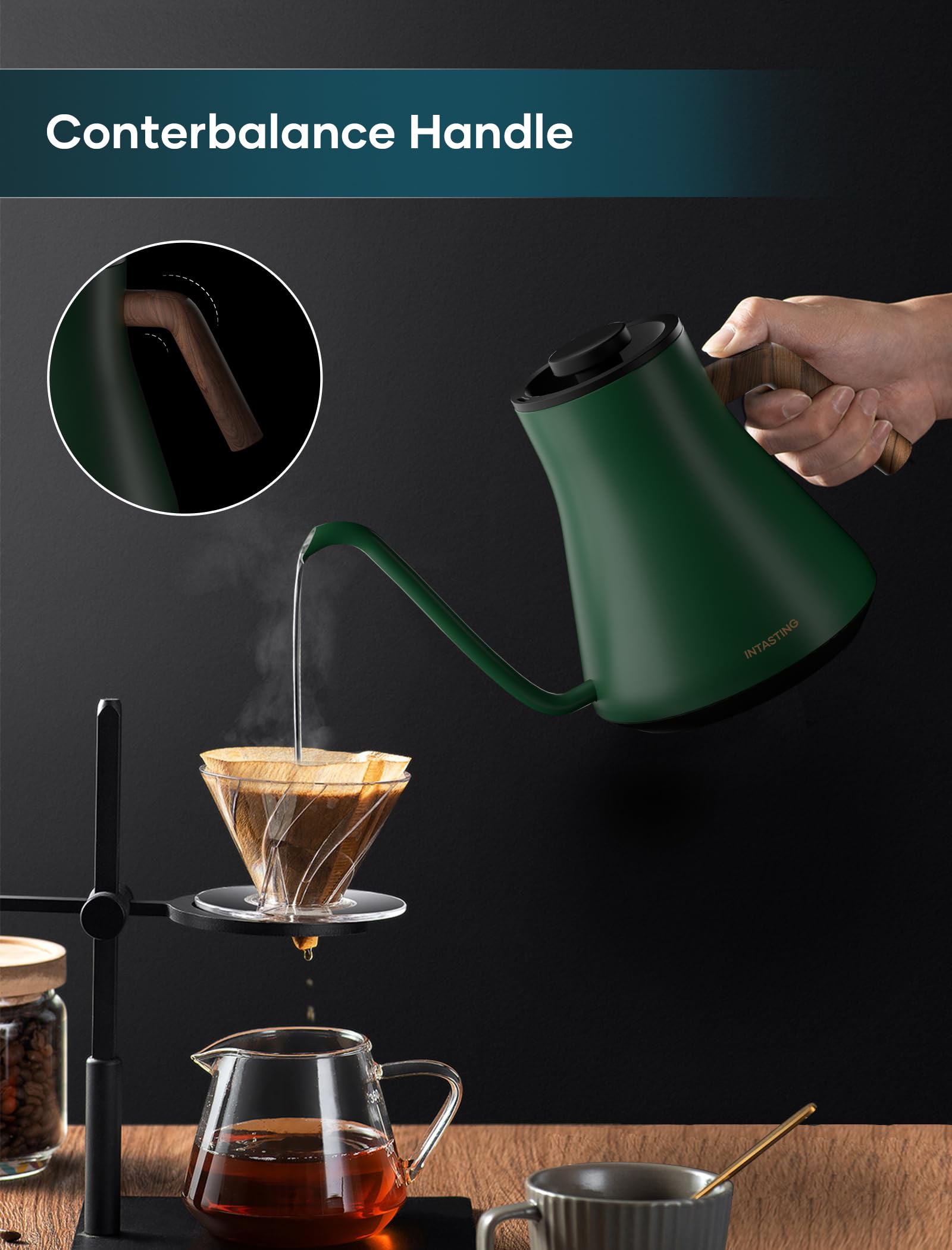 INTASTING Hervidores eléctricos, hervidor eléctrico de cuello de cisne, control de temperatura ±1 ℉, interior de acero inoxidable, calentamiento rápido, para verter sobre café, preparar té, hervir agua caliente, 0,9 L verde cazador