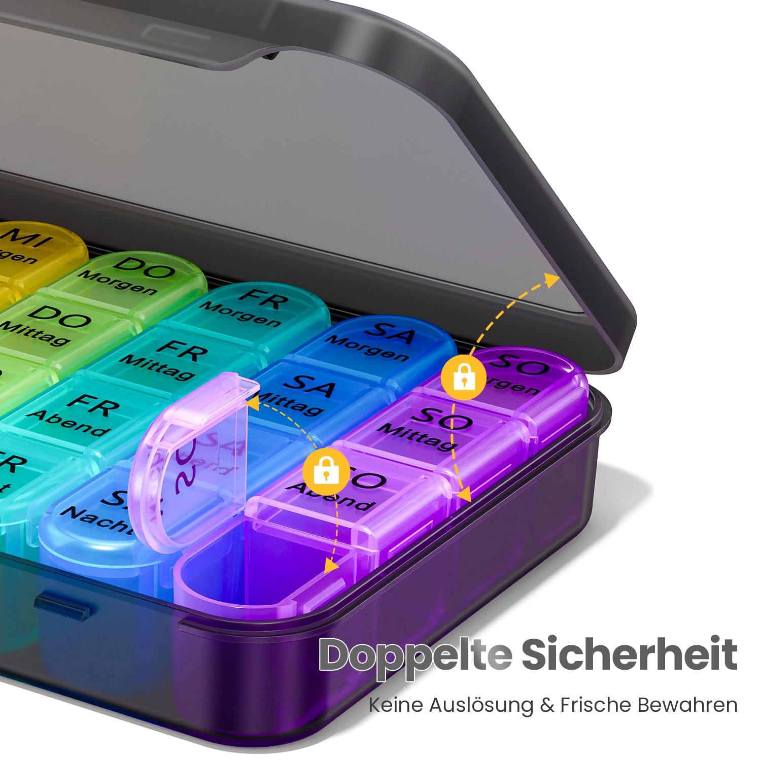 Doruimi Tablettenbox 7 Tage Morgens Mittags Abends, Klein Pillendose Große Fächer, Medikamentenbox 7 Tage 4 fächer mit Einfachem Offenem Design für Unterwegs - Schwarz 6