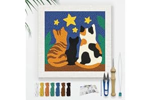 Doodlream Cats Stars DIY Punch Needle Embroidery Kit for Adult Beginner, 9.4" Kitten Animal Punch Stitching Craft Set for Sta