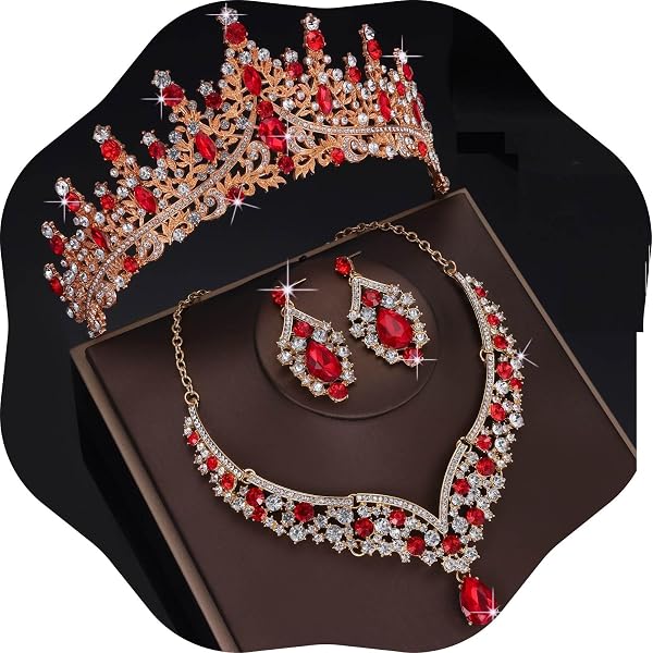 Red Crystal Tiara and Necklace Set with Earrings Luxury Red Rhinestone Bridal Jewelry Set: Floral Tiara Crown  main image 4