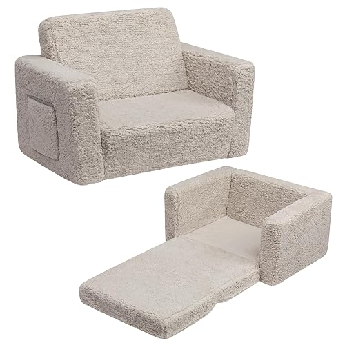 BEJOY Kids Sofa Bed 2-in-1 Flip Out Cuddly Sherpa Toddler Couch Convertible Sofa to Lounger Children Sofa Bed Children's Day and Birthday Gift for Girls Boys, Light Grey
