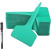 100 Pcs T-Type Plant Labels with a Gel Pen, Waterproof Nursery Plant Tags Plastic Garden Markers, Green, 6 x 10cm