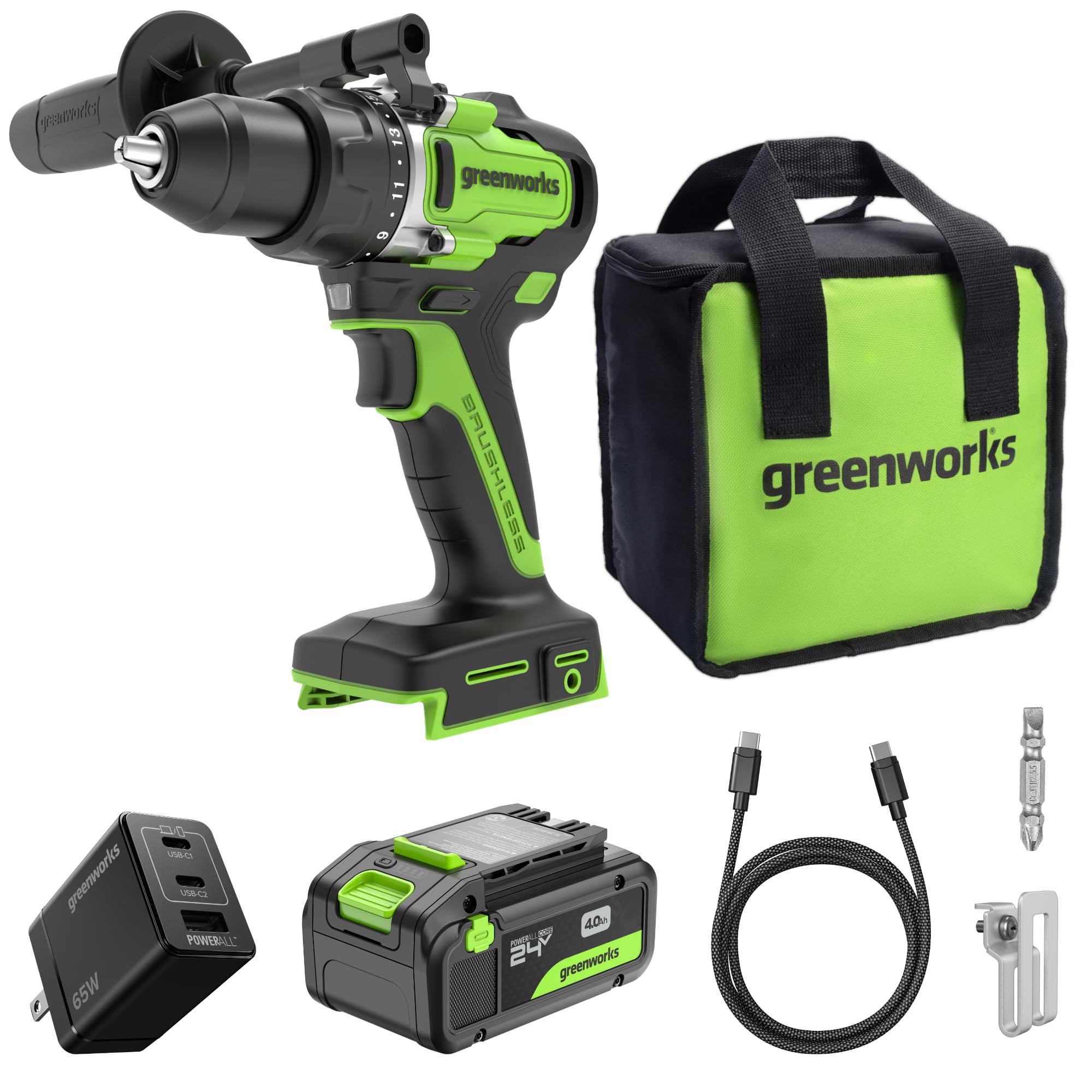 GREENWORKS 24V 1/2” Brushless Cordless Drill (800 In-lbs.), 4.0Ah (24,000mAh Power Bank) USB-C Battery, 3.3 FT Braided Cable, 65W Rapid Charger Image