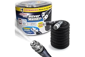 Pocket Hose Silver Bullet 50 ft Turbo Shot Nozzle Multiple Spray Patterns Expandable Garden Hose 3/4 in Solid Aluminum Fittings Lead-Free Lightweight and No-Kink
