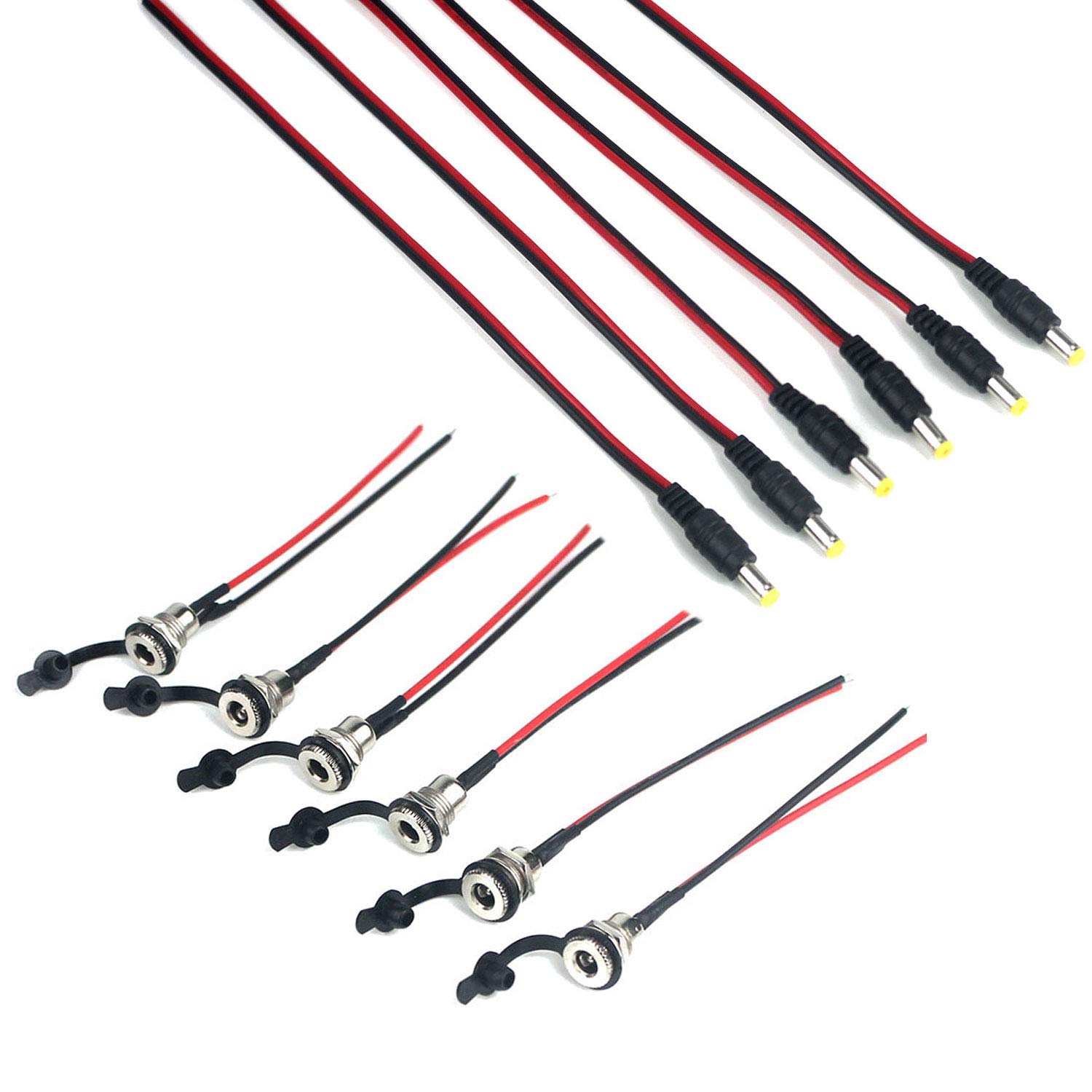 Taikuwu 6Pcs 10A DC Power Connector 5.5 x 2.1mm Jack Socket Threaded Female Adapter with Cable+ 6pcs 5.5mm x 2.1mm 12V Pure Copper Male DC Power Pigtail Cable