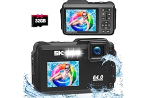 MURAUX 5K 64MP Underwater Camera, 16FT Waterproof Digital Camera with Selfie UHD Dual Screen, Digital Underwater Camera for Snorkeling with WiFi, 16X Digital Zoom, 32GB Micro Card and 1200mAh Battery