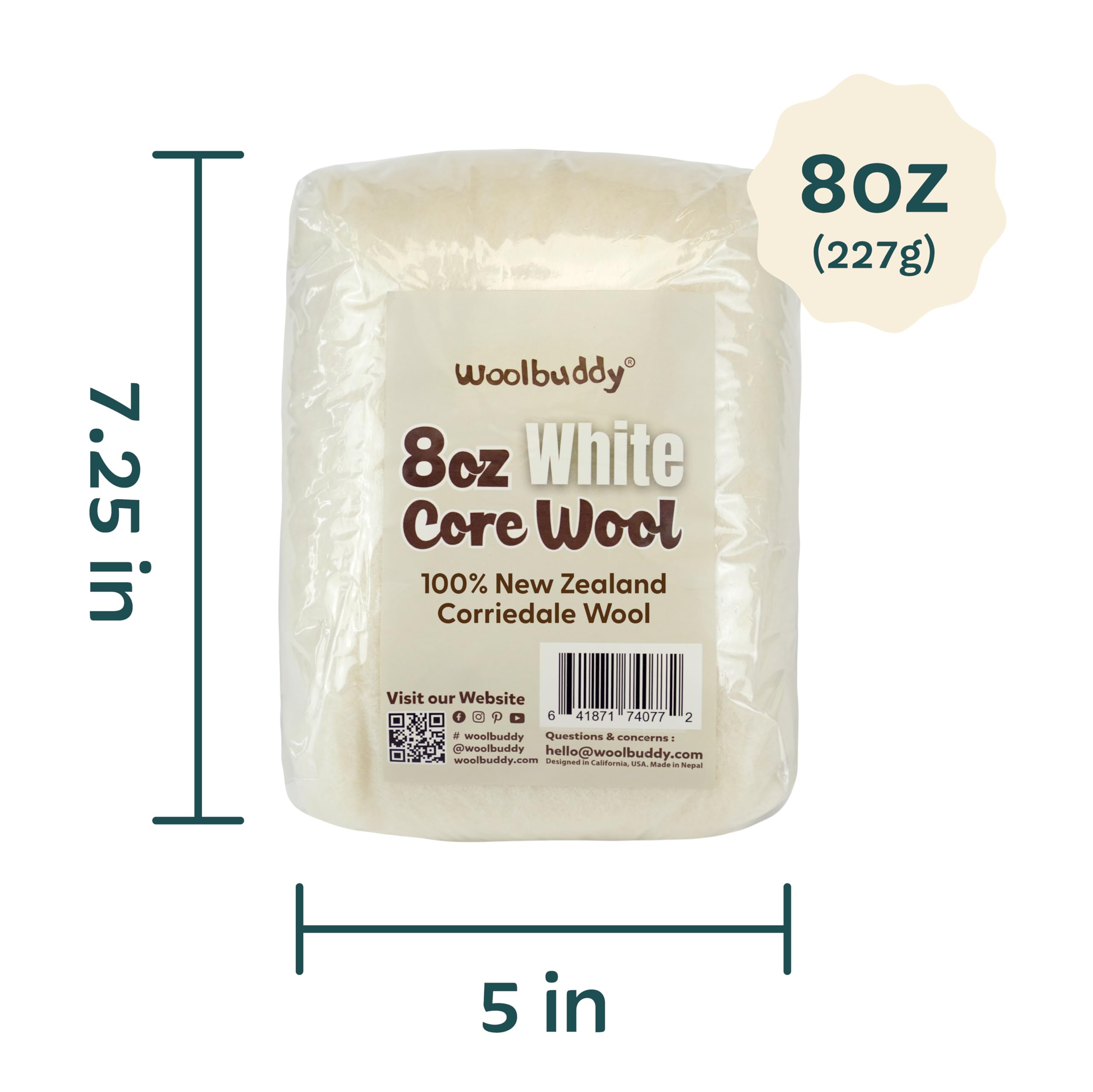 Woolbuddy Wool Felting Core Wool – Handmade Carded White for Needle & Wet Felting, Dryer Balls, Craft Pads & Chunky Yarn (8oz)