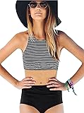 Women Sexy Striped High Waisted Swimsuit Tankini Halter Neck Bikini Bathing Suit