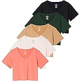 Real Essentials 5 Pack: Women's Dry-Fit Short Sleeve V-Neck Crop Top Boxy Athletic Tee