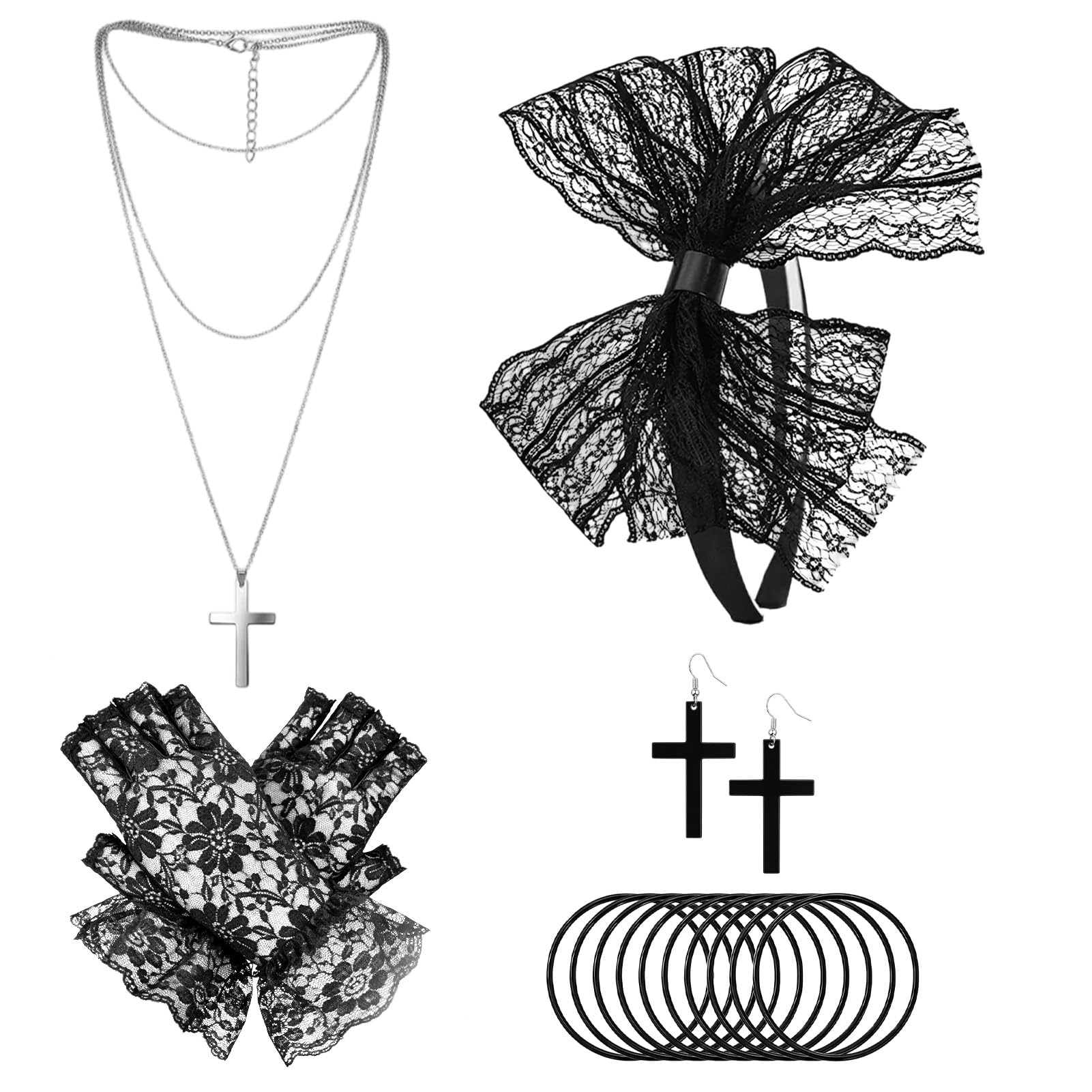 Tacitmeet 80s Fancy Dress for Women, 80s Accessories for Women– Lace Headband, Earrings, Lace Gloves, Party Necklace & Bracelet