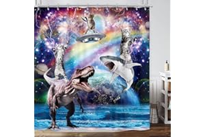 GOAOK Funny Cat Shower Curtain, Cool Fun Cat Riding Dinosaur Shark on Fantasy Universe Galaxy Space UFO Kids Shower Curtain, Hilarious Whimsical Anime Fabric Shower Curtain Set, 72"X72"