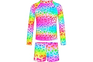 TENVDA Girls Swimsuit Long Sleeve Rash Guard Sets UPF 50+ Two Piece Bathing Suits Size 3-12 Years