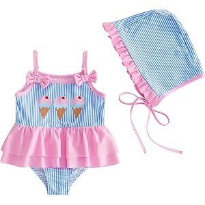 Toddler Baby Girl Ice Cream Swimsuit Infant Bathing Suits Summer Beach Swim Suit Newborn One Piece Swimwear with Hat