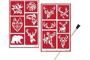 TRENDZEEN 2 Reusable Glass Etching Stencils - Wildlife, Moose, Bear, Wolf, Deer, Antler Etch Themed Stencil - Wild Animal, Deers Theme Design - Set Includes Brush