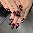 MISUD Press on Nails Long, Coffin Nails Ballet Ballerina Fake Nails, Glossy Glue on Nails, Goth Black Red Ombre Artificial Nails, Vintage Gothic Design Acrylic False Nail for Women and Girls 24 pcs