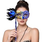 BEARAE Masquerade Mask for Women with Stick, Feather Venetian Masks, Costume Mask for Mardi Gras Gatsby Party Decoration