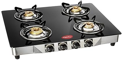 Pigeon Blackline Smart 4 Burner Glass Top Gas Stove, Black