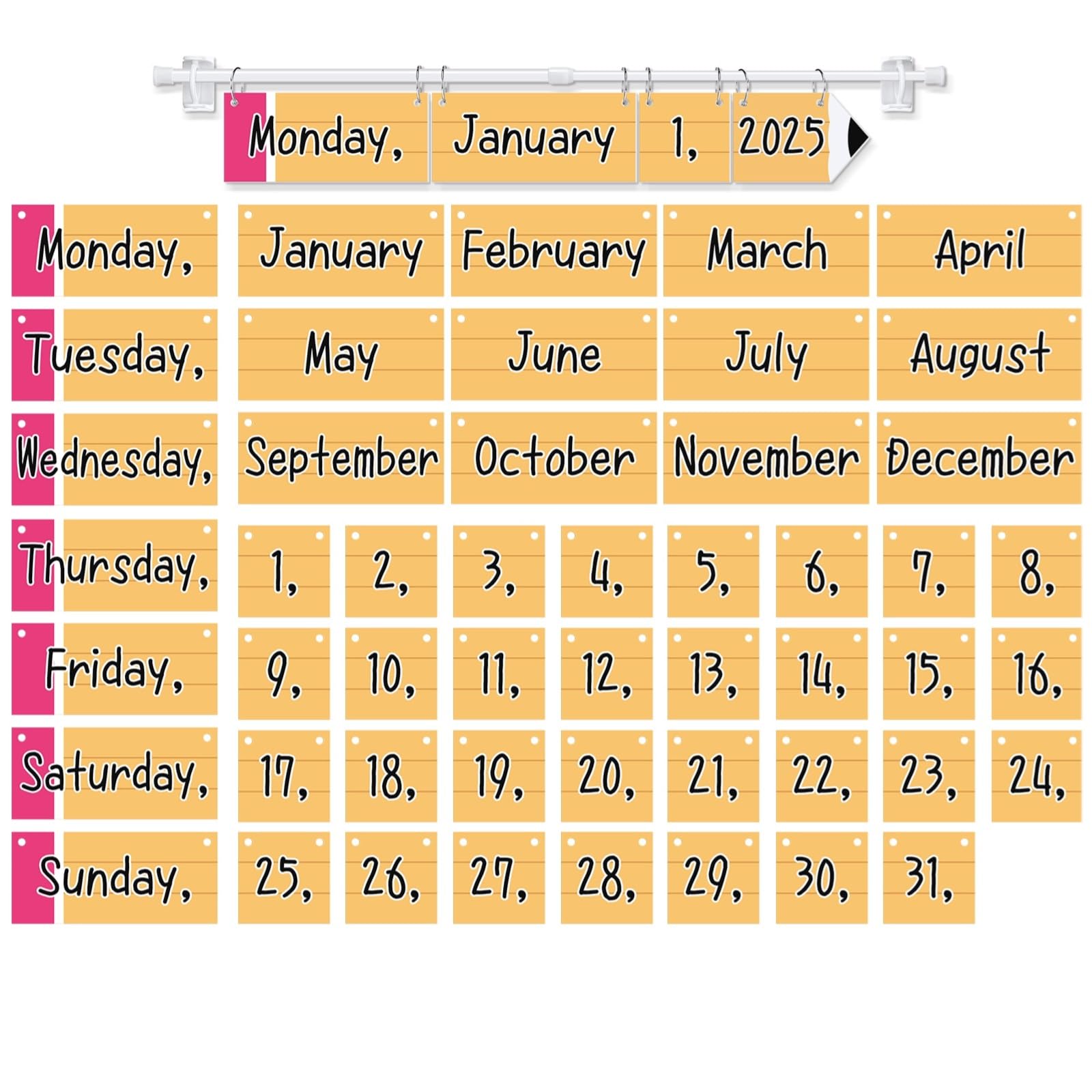 Photo 1 of Chiisong Pencil Classroom Flip Calendar Classroom Bulletin Board Calendar Chart Set with 53 Date Cards and Hanging Adjustable Rod for Back to School Decor Supplies Teacher Preschool Must Haves