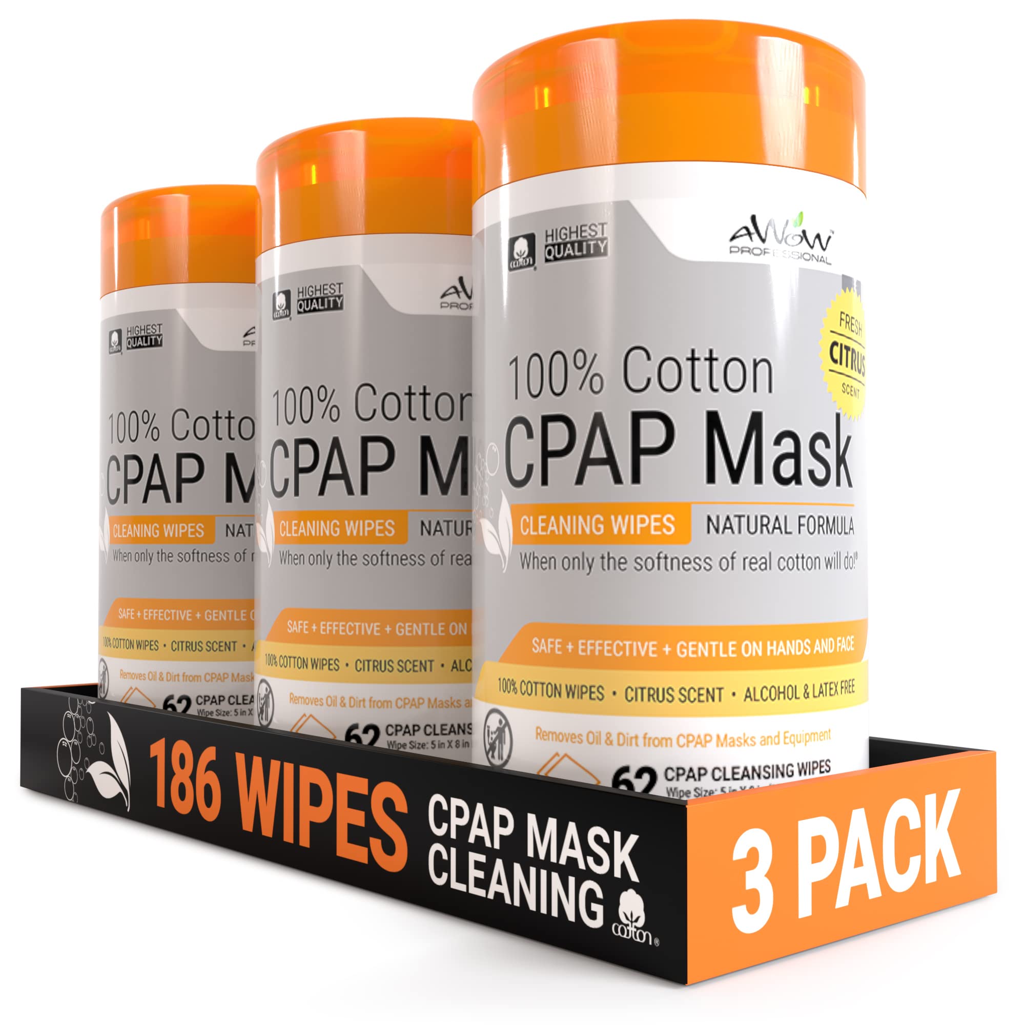 AWOW Professional Refreshing Citrus Scented Cotton CPAP Mask Cleaning Wipes, Natural Formula, 186 Wipes (3 Canisters)